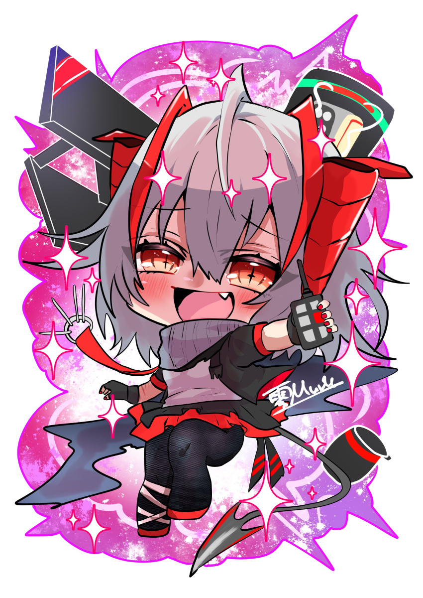 1girl, absurdres, arknights, black_gloves, black_jacket, black_pants, blush, border, chibi, commentary, demon_girl, demon_horns, demon_tail, detonator, english_commentary, fang, fingerless_gloves, full_body, gloves, grenade_pin, grey_hair, grey_shirt, happy, highres, holding, holding_weapon, horns, jacket, looking_at_viewer, multicolored_hair, nail_polish, open_clothes, open_jacket, open_mouth, orange_eyes, pants, purple_background, red_footwear, red_nails, redhead, rei_murder_(zeromada), scarf, shirt, signature, smile, solo, sparkle, streaked_hair, tail, w_(arknights), weapon, white_shirt