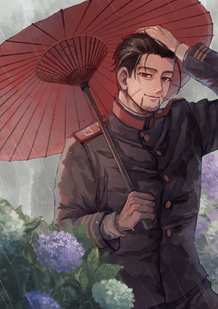 1boy, absurdres, arm_up, black_hair, black_jacket, facial_hair, facial_mark, flower