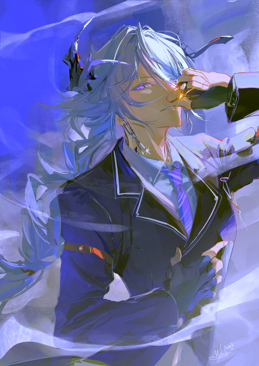 1boy, absurdres, arknights, asymmetrical_gloves, black_gloves, black_jacket, blazer, blue_hair