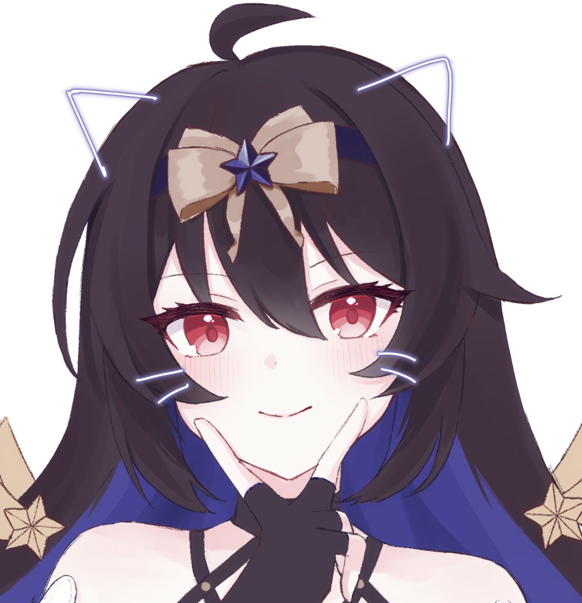1girl, ahoge, black_gloves, black_hair, closed_mouth, fingerless_gloves, gloves, highres