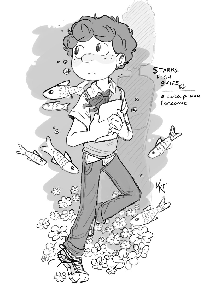 1boy, child, commentary, english_commentary, english_text, fish, flower, freckles