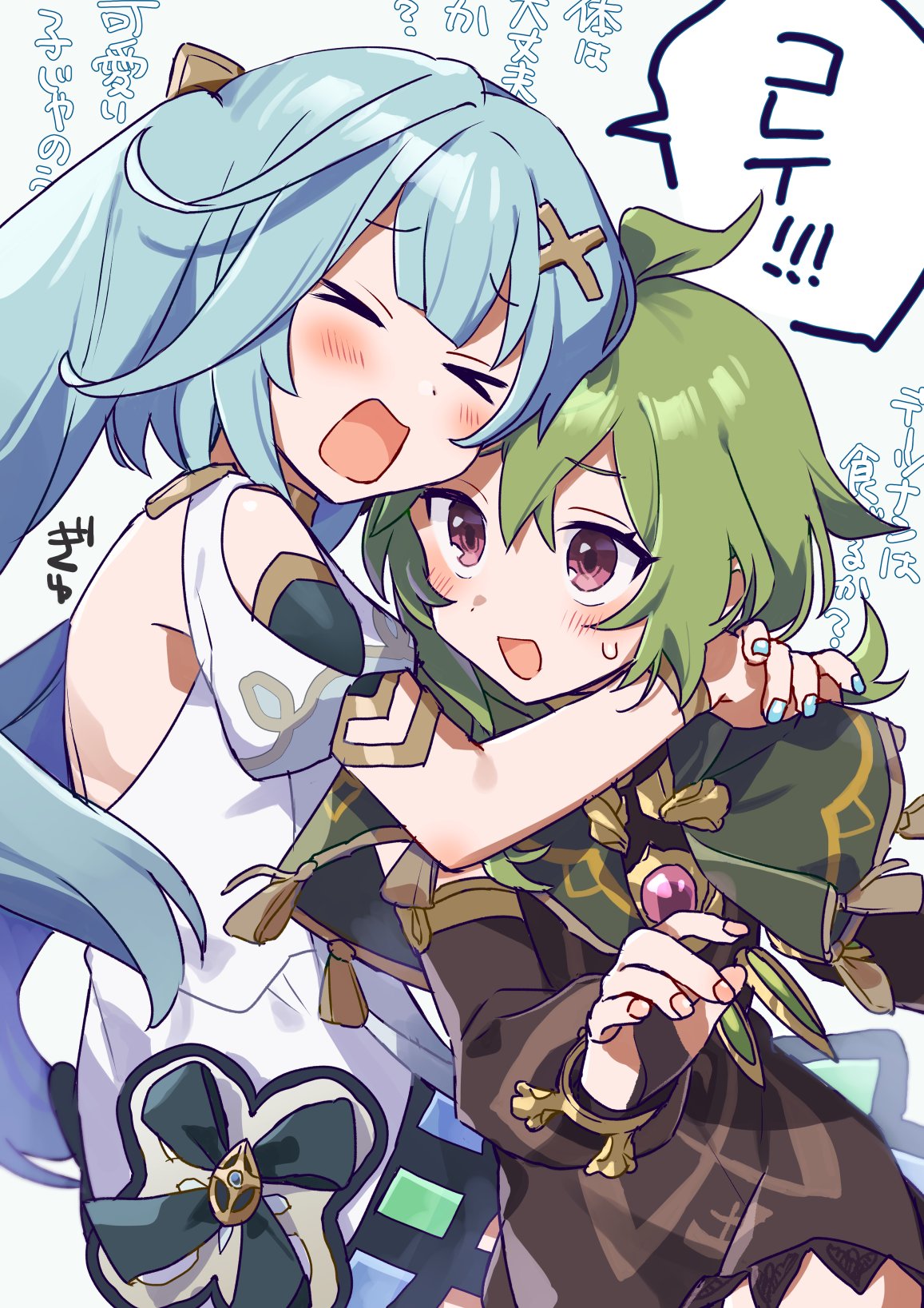 >_<, 2girls, ahoge, aqua_hair, aqua_nails, arms_around_neck, backless_dress, backless_outfit