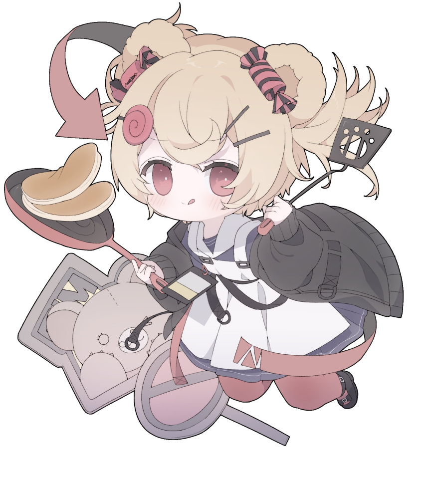 1girl, :q, animal_ears, apron, arknights, arrow_(symbol), bear_ears, bear_girl