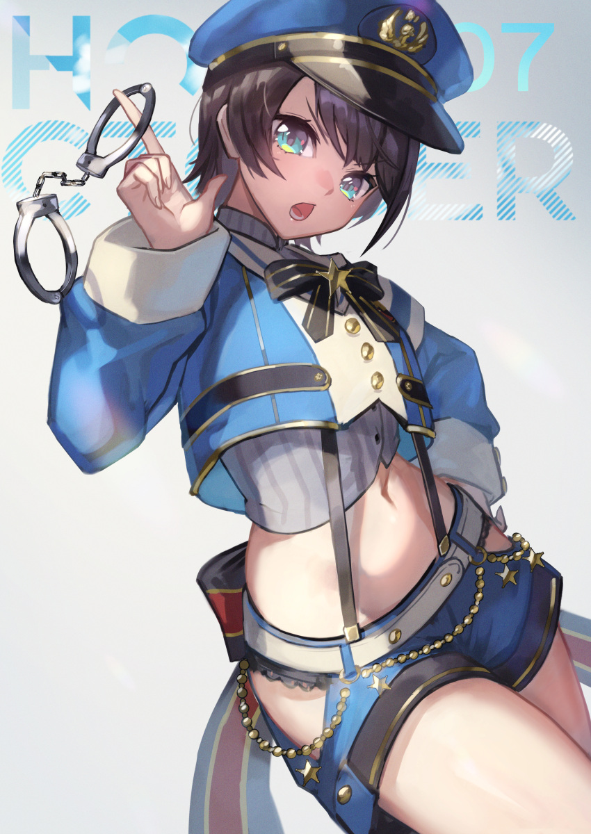 1girl, absurdres, angry, blue_eyes, blue_shorts, bow, brown_hair, crop_top