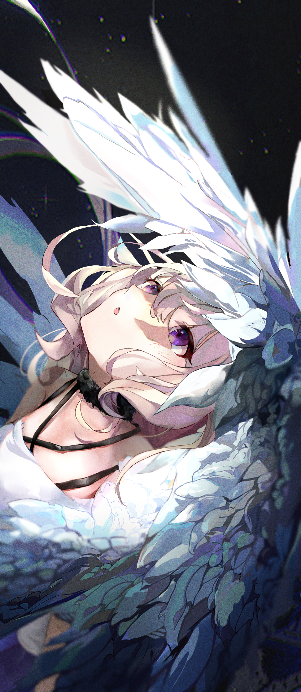 1girl, ahoge, bird_girl, blonde_hair, blue_hair, blush, breasts, dress