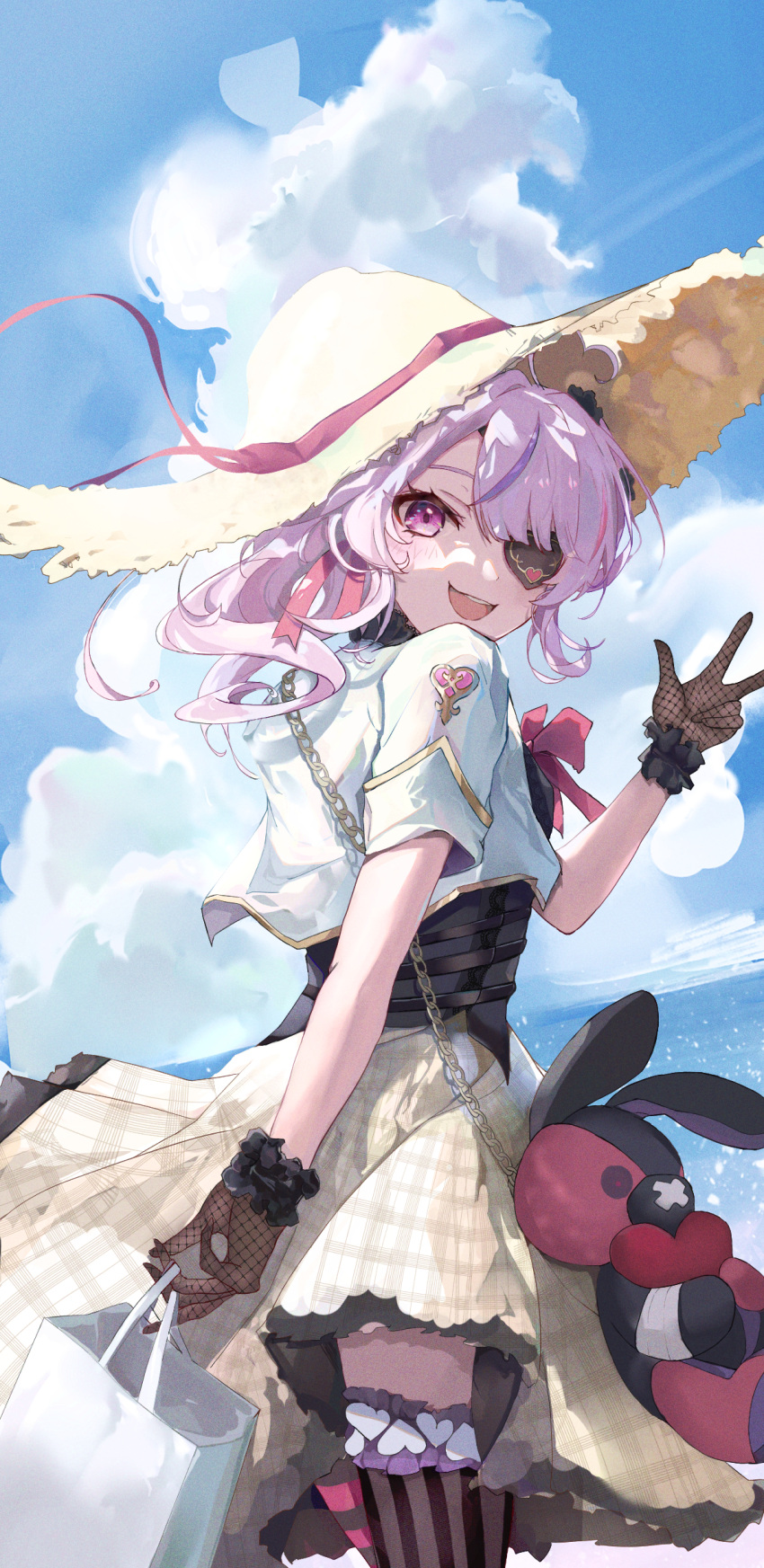 1girl, absurdres, ahoge, asymmetrical_legwear, bag, black_corset, black_flower, black_gloves