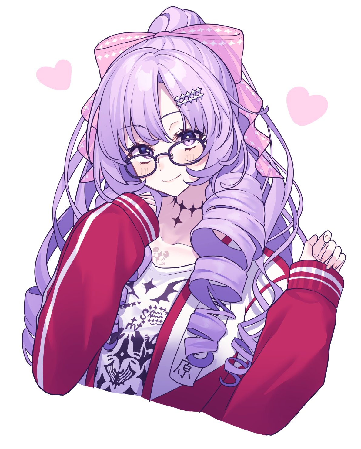 1girl, black-framed_eyewear, bow, chest_tattoo, closed_mouth, clothes_writing, drill_hair, drill_sidelocks