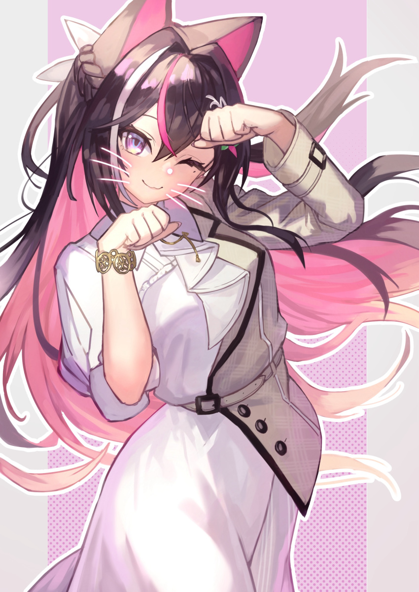 1girl, ;), absurdres, animal_ears, asymmetrical_clothes, asymmetrical_dress, azki_(4th_costume)_(hololive), azki_(hololive)