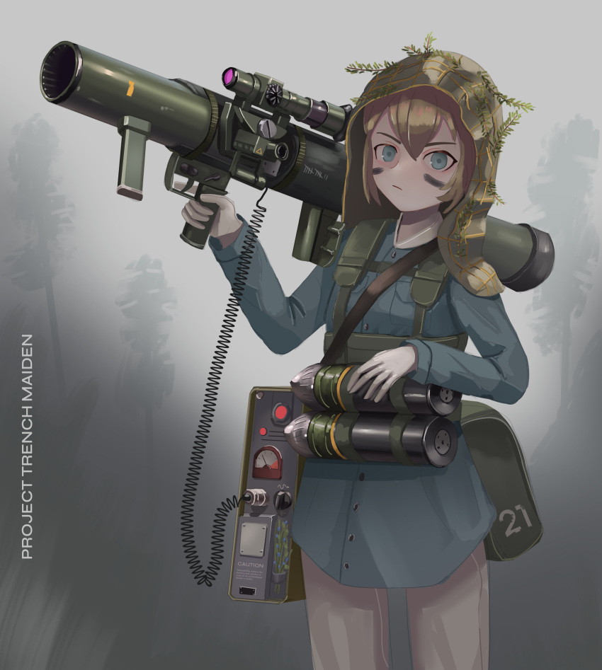 1girl, absurdres, blue_dress, blue_eyes, carl_gustaf_recoilless_rifle, dress, english_text, gloves