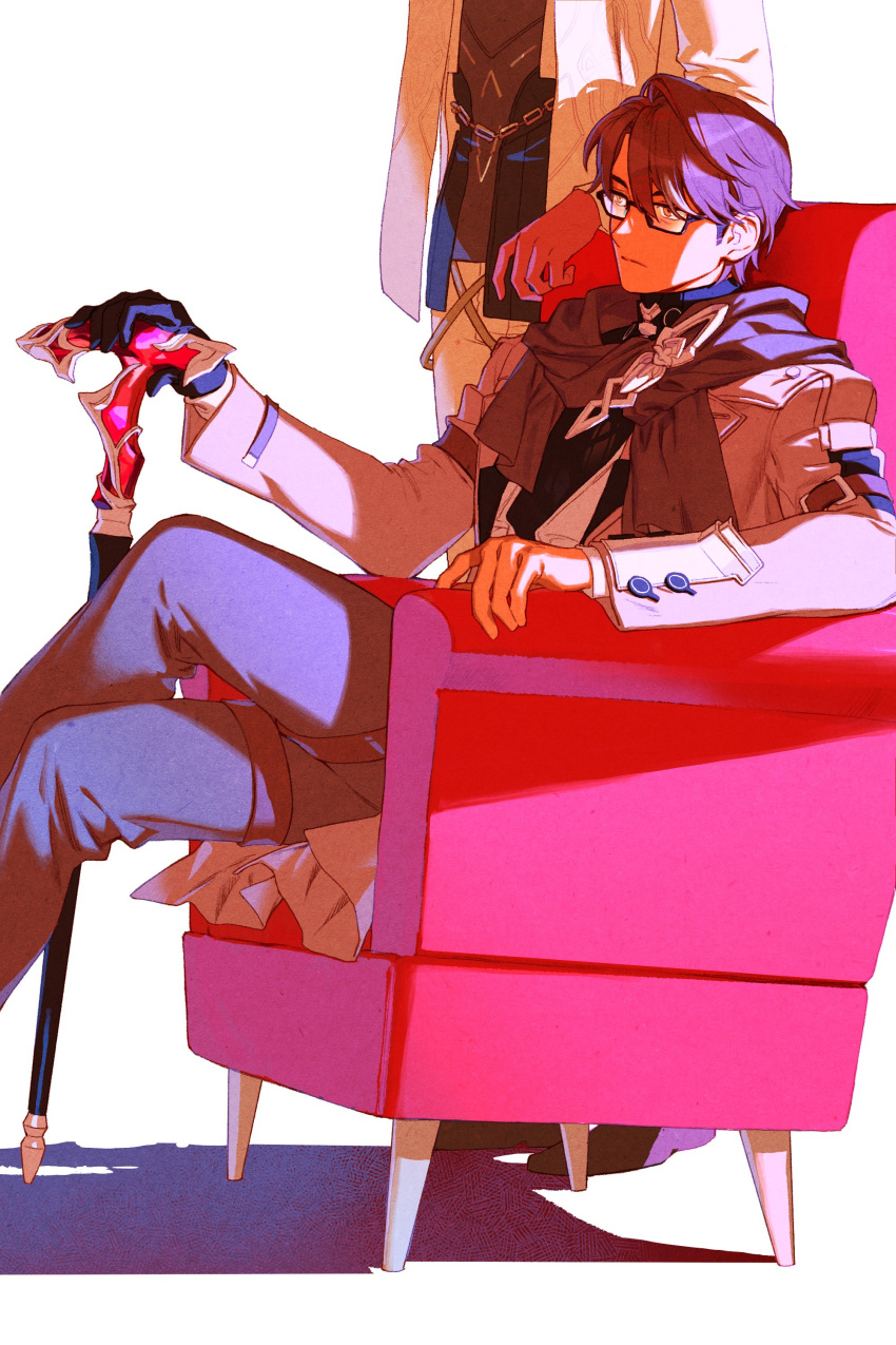 2boys, absurdres, brown_hair, cane, chair, closed_mouth, crossed_legs, glasses