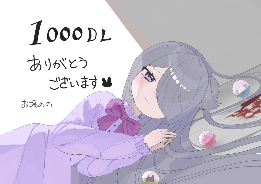 absurdres, blood, blood_splatter, blush, bow, bowtie, gashapon, hair_over_one_eye, highres, igarashi_azuki, lying, on_side, oyumeno, praying, side_ponytail, super_ultra_usagi_rush!!, violet_eyes