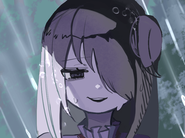 bow, bowtie, grey_hair, hair_over_one_eye, igarashi_azuki, oyumeno, rain, side_ponytail, smirk, super_ultra_usagi_rush!!, teeth, violet_eyes, wet, wet_hair