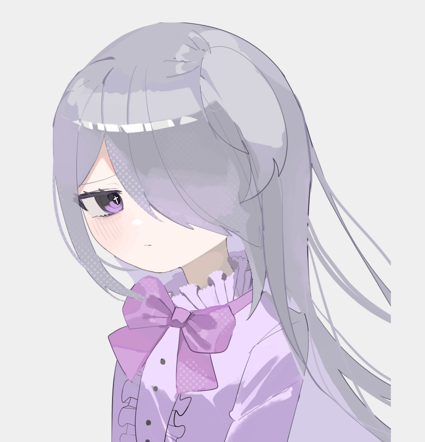 blush, bow, bowtie, grey_hair, hair_over_one_eye, highres, igarashi_azuki, oyumeno, side_ponytail, super_ultra_usagi_rush!!, violet_eyes, white_background