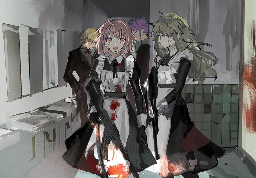 2boys, 2girls, apron, bathroom, black_dress, black_gloves, blonde_hair, blood, blood_on_clothes, dress, gloves, green_hair, gun, highres, indoors, juliet_sleeves, kamishiro_rui, kusanagi_nene, long_hair, long_sleeves, looking_at_viewer, low_tied_sidelocks, mirror, multicolored_hair, multiple_boys, multiple_girls, ootori_emu, open_mouth, pink_eyes, pink_hair, project_sekai, puffy_sleeves, purple_hair, pyongtaro, rifle, short_hair, sibyl_(vocaloid), sink, smile, streaked_hair, tenma_tsukasa, weapon, white_apron, wonderlands_x_showtime_(project_sekai), yellow_eyes