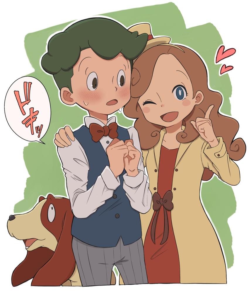 1boy, 1girl, ;d, basset_hound, blue_eyes, blue_vest, blush, bow