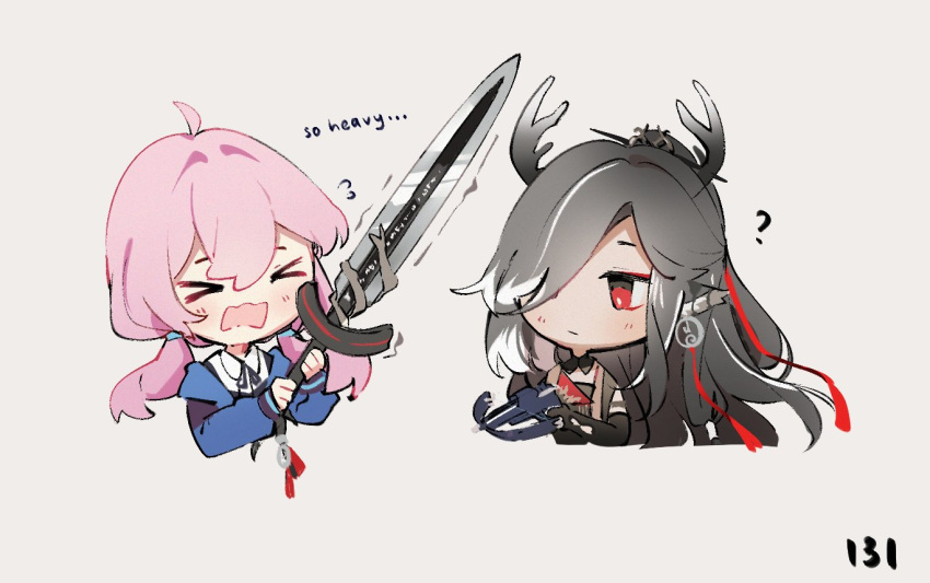 >_<, 2girls, ?, ahoge, animal_ears, antlers, arknights, black_gloves