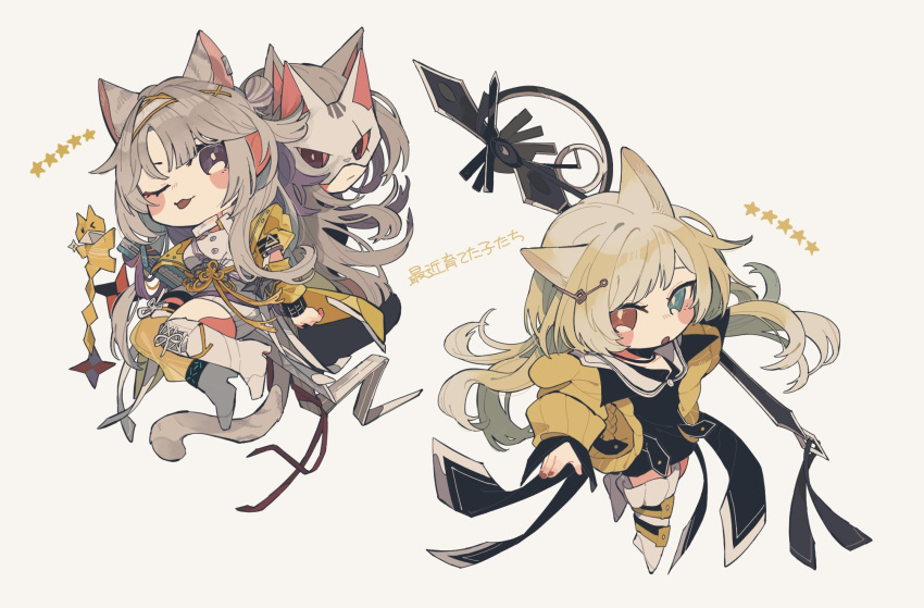 3girls, :3, :o, animal_ear_piercing, animal_ears, arknights, back-to-back, black_dress