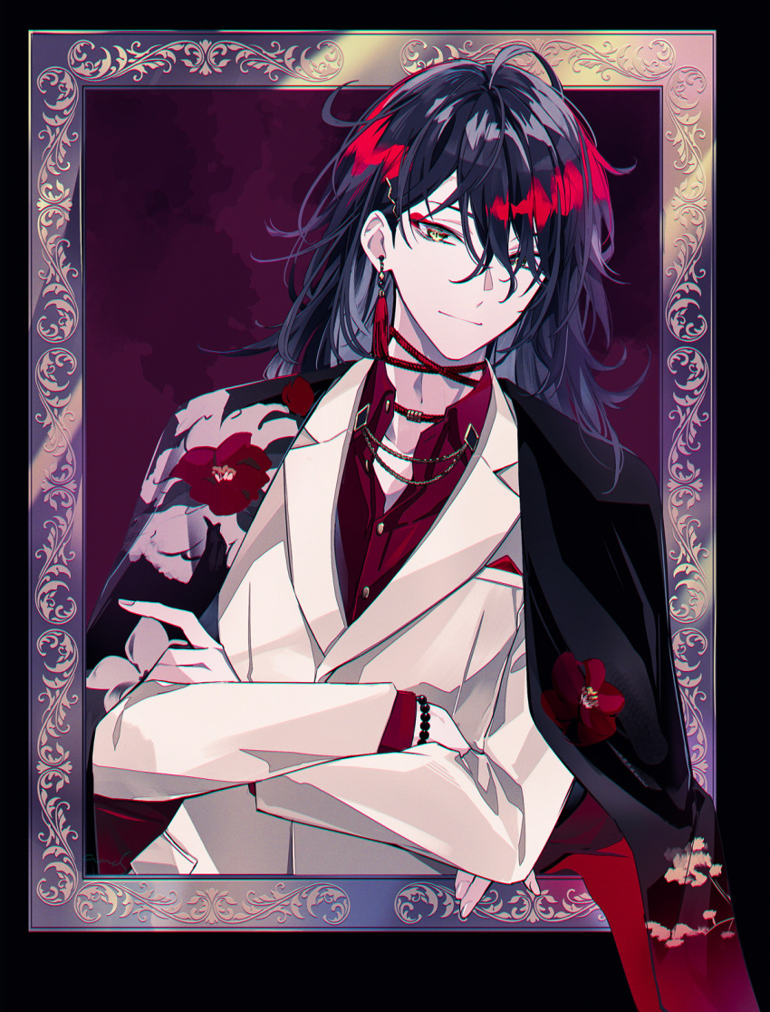 1boy, bead_bracelet, beads, black_hair, bracelet, crossed_legs, dress_shirt, earrings