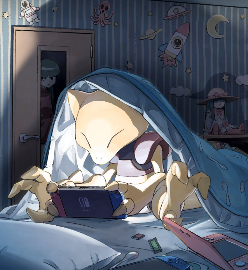 1girl, abra, absurdres, alien, bed, blanket, claws, closed_eyes