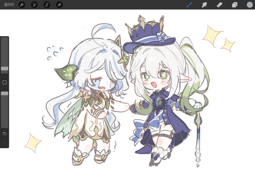 2girls, ahoge, art_program_in_frame, bracelet, braid, cape, cosplay, costume_switch