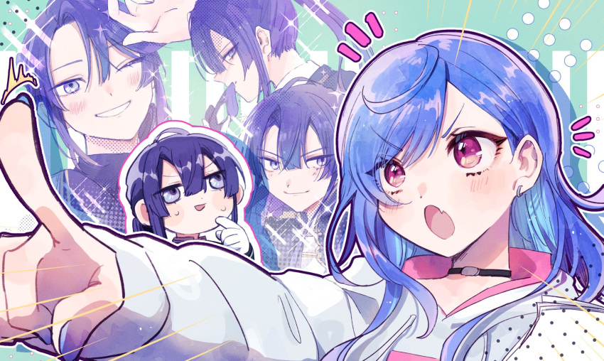 1boy, 1girl, 3968, black_choker, blue_hair, blue_nails, blush, choker