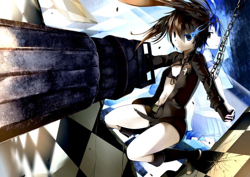 arm_cannon, bikini_top, black_hair, black_rock_shooter, black_rock_shooter_(character), blue_eyes, boots, chain