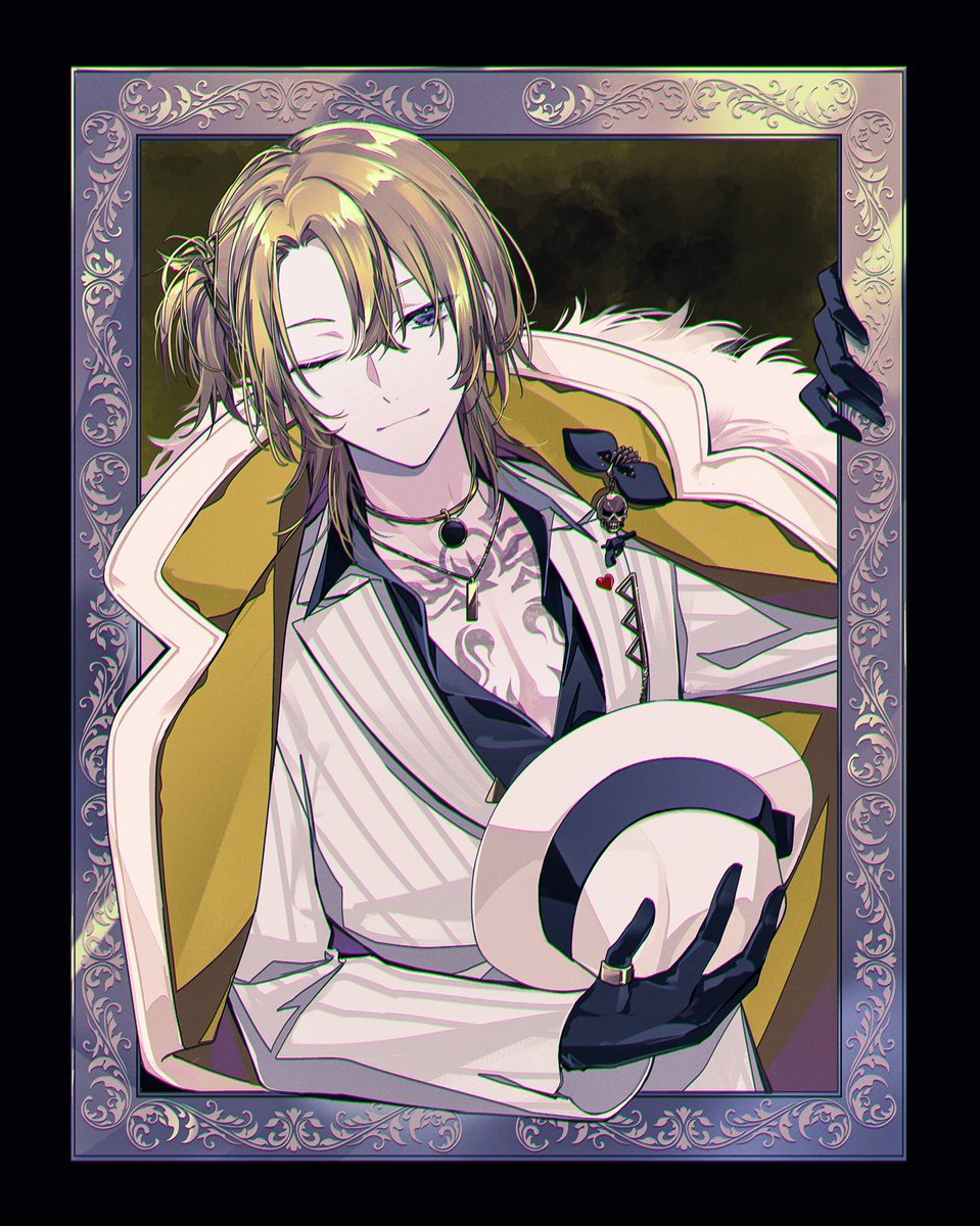 1boy, black_gloves, blonde_hair, chest_tattoo, fedora, gloves, hat, highres