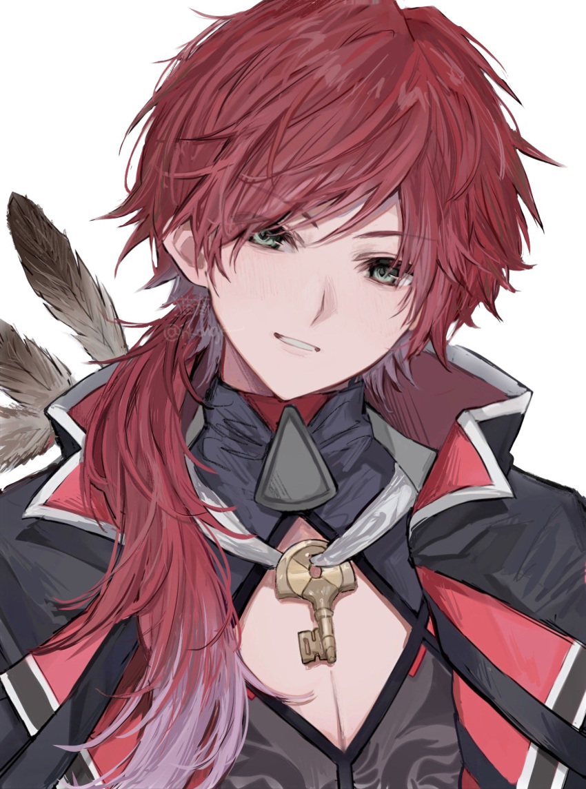 1boy, colored_tips, feathers, front_ponytail, gradient_hair, green_eyes, highres, lauren_iroas