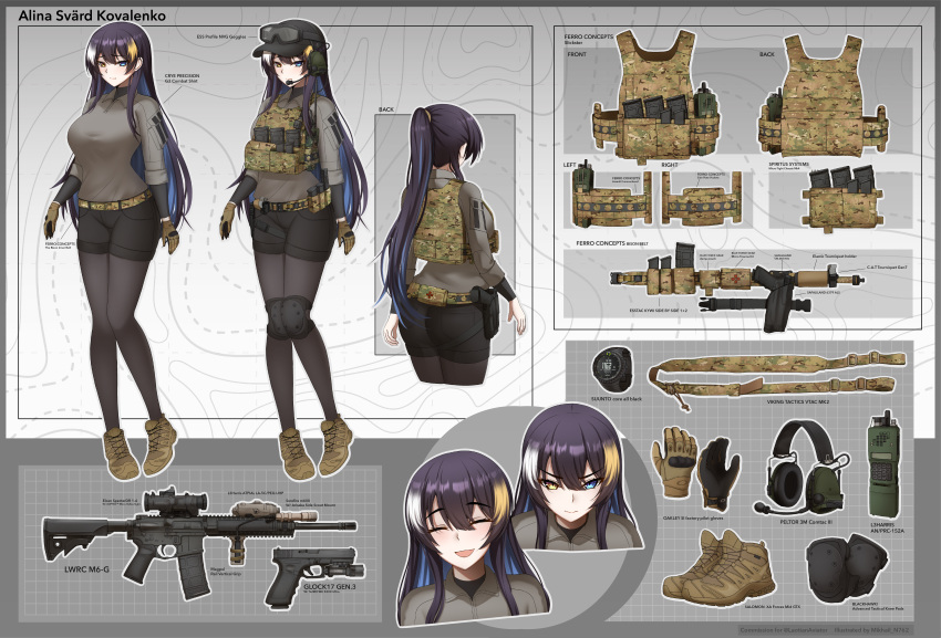 absurdres, alina_svard_kovalenko_(laotianaviator), black_shorts, gun, heterochromia, highres, mikhail_n, multicolored_hair