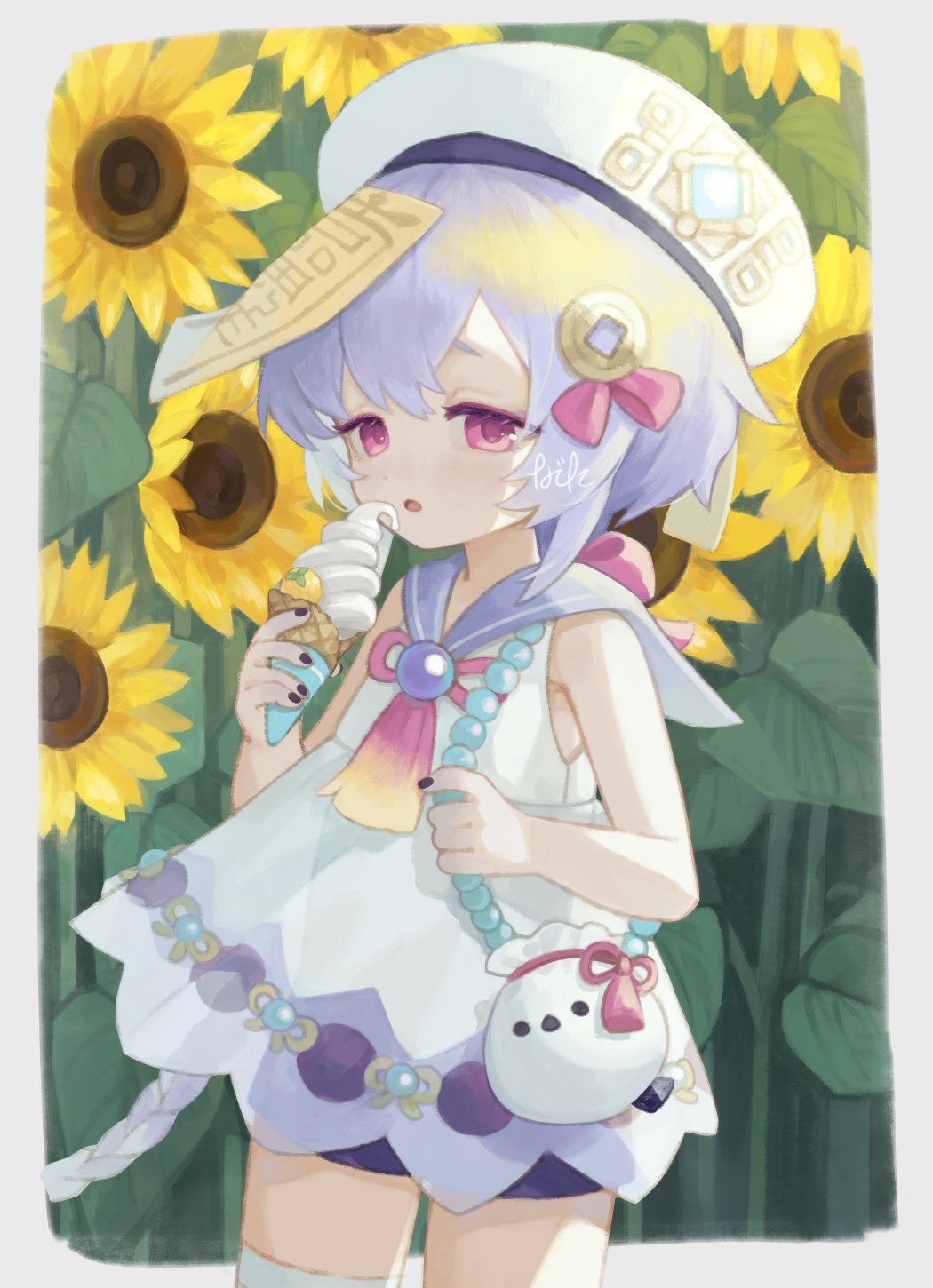 1girl, 750x077, alternate_costume, bag, beret, black_nails, border, bow