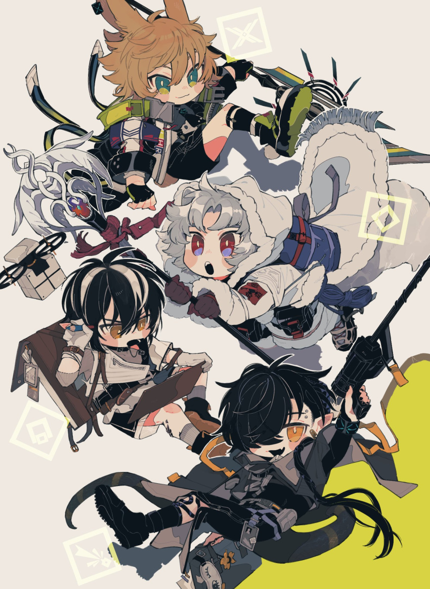 4boys, :o, animal_ears, annoyed, arknights, ascot, backpack, bag