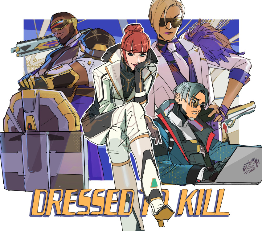 2boys, 2girls, animification, apex_legends, beard, black_hair, black_shirt, blonde_hair