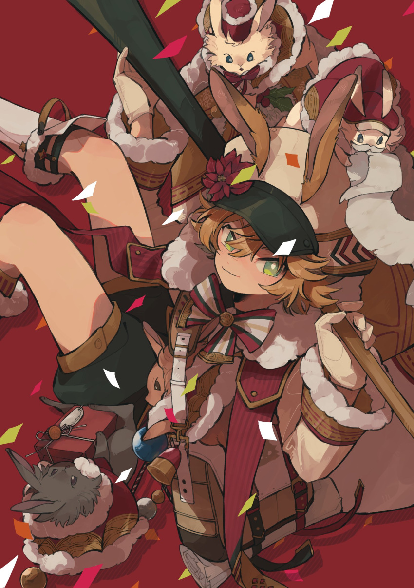 1boy, animal_ears, arknights, bag, black_shorts, blonde_hair, brown_bag, brown_coat