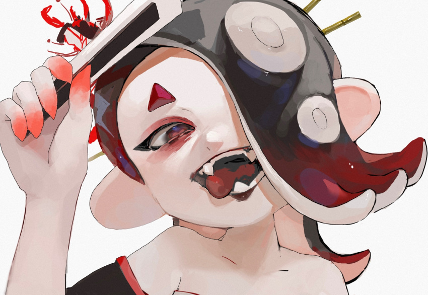 1girl, :d, asymmetrical_hair, bare_shoulders, black_hair, black_lips, cephalopod_eyes, colored_skin, eyeshadow, fangs, flower, hair_flower, hair_ornament, hair_over_one_eye, hair_stick, hand_up, highres, horizontal_pupils, lipstick, long_hair, looking_at_viewer, makeup, mepo_1, multicolored_hair, multicolored_skin, open_mouth, red_eyes, red_eyeshadow, red_flower, red_pupils, red_skin, red_trim, redhead, shiver_(splatoon), short_eyebrows, simple_background, smile, solo, spider_lily, splatoon_(series), splatoon_3, suction_cups, tentacle_hair, tongue, tongue_out, two-tone_hair, two-tone_skin, upper_body, white_background