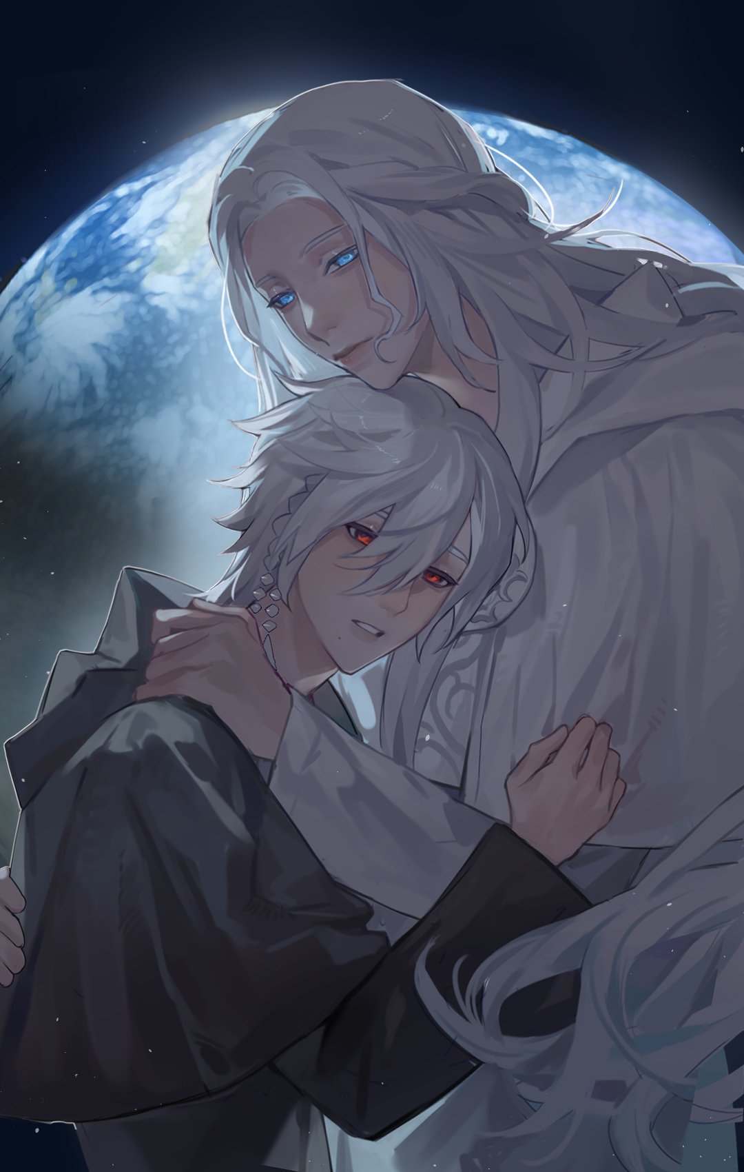 2girls, black_capelet, black_robe, blue_eyes, braid, capelet, clothes_grab, expressionless, final_fantasy, final_fantasy_xiv, from_side, hair_between_eyes, half_updo, hand_on_another's_back, hand_on_another's_shoulder, head_on_head, head_rest, height_difference, highres, hood, hood_down, hooded_capelet, hug, liiger, long_hair, medium_hair, multiple_girls, parted_lips, planet, red_eyes, robe, side_braid, single_braid, space, upper_body, venat_(ff14), warrior_of_light_(ff14), white_capelet, white_hair, white_robe