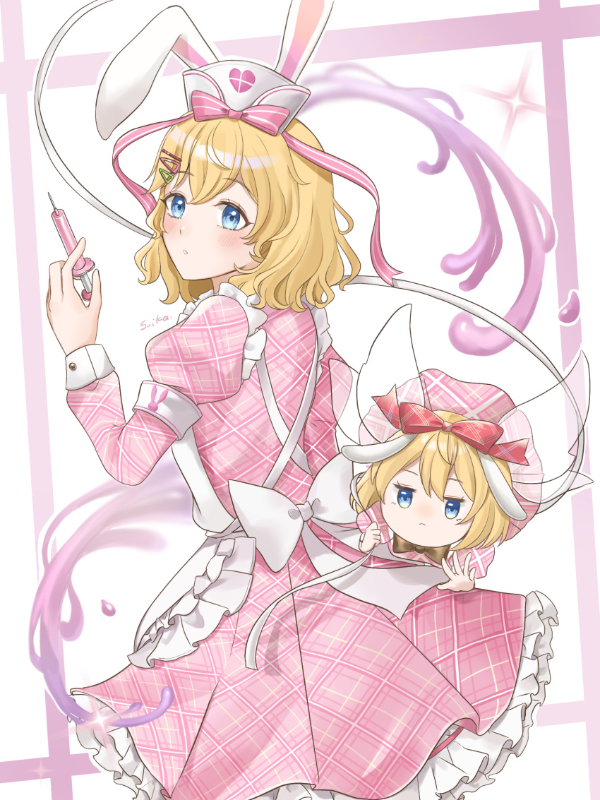 2girls, alternate_costume, animal_ears, apron, blonde_hair, blue_eyes, blush, bow