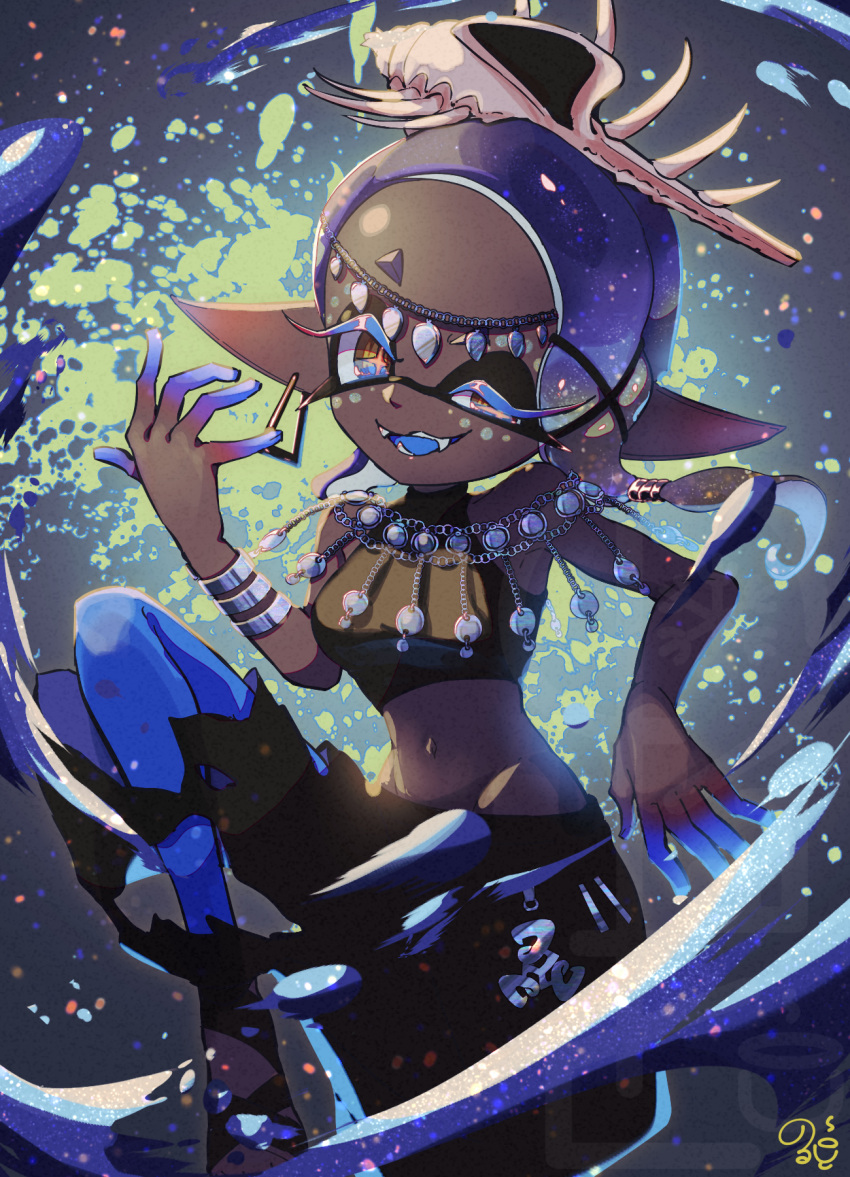 1girl, :d, asymmetrical_hair, bandaged_foot, bandages, bare_shoulders, black_bandages, black_pants