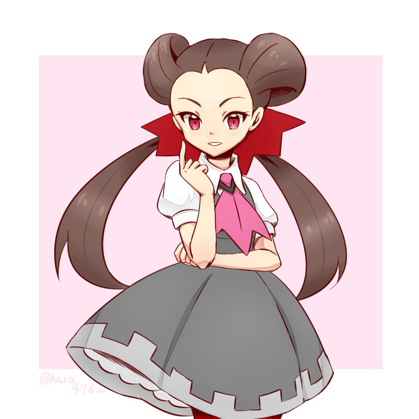 1girl, border, brown_hair, commentary_request, cowboy_shot, dress, hair_ribbon, haru_(haru4782), highres, looking_at_viewer, outside_border, pinafore_dress, pink_background, pokemon, pokemon_(game), pokemon_oras, red_eyes, ribbon, roxanne_(pokemon), sleeveless, sleeveless_dress, solo, twintails, white_border