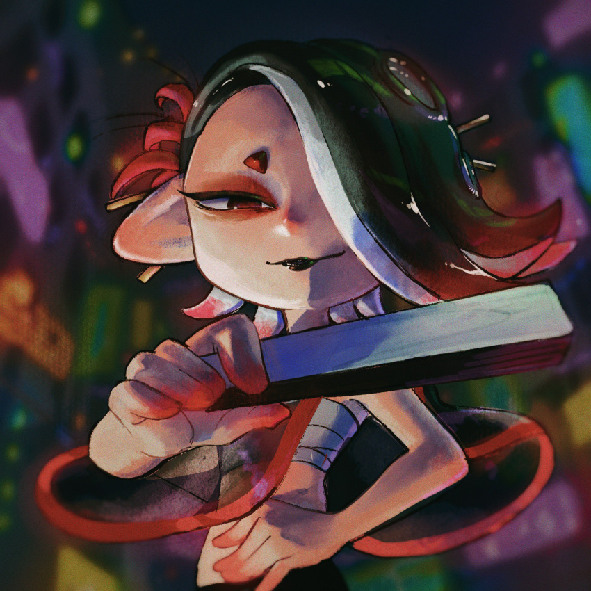 1girl, asymmetrical_hair, black_hair, black_lips, chest_sarashi, closed_mouth, colored_skin, eyeshadow, flower, folded_fan, folding_fan, gradient_hair, hair_flower, hair_ornament, hair_over_one_eye, hair_stick, hand_fan, highres, holding, holding_fan, kono_cigar, looking_at_viewer, makeup, medium_hair, multicolored_hair, multicolored_skin, official_alternate_costume, red_eyes, red_eyeshadow, red_flower, red_skin, red_trim, redhead, sarashi, shiver_(splatoon), short_eyebrows, smile, solo, spider_lily, splatoon_(series), splatoon_3, suction_cups, tentacle_hair, two-tone_hair, two-tone_skin