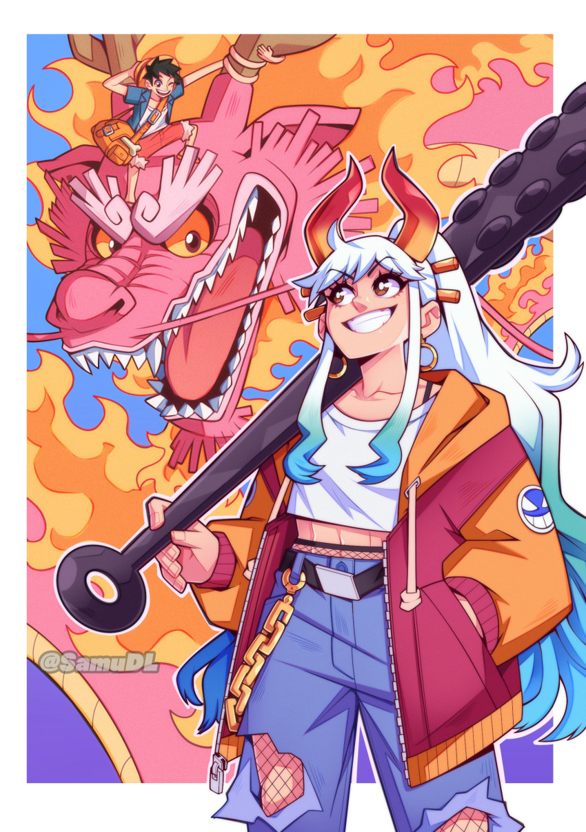 1girl, 2boys, absurdres, alternate_costume, artist_name, black_hair, blue_hair, club_(weapon), commentary, dragon, dragon_boy, dragon_horns, earrings, english_commentary, green_hair, hair_ornament, hair_stick, hand_on_headwear, hat, highres, holding, holding_weapon, hoop_earrings, horns, jewelry, long_hair, looking_at_another, momonosuke_(one_piece), monkey_d._luffy, multicolored_hair, multicolored_horns, multiple_boys, one_eye_closed, one_piece, oni, oni_horns, open_mouth, samu_(samudl), short_hair, smile, straw_hat, teeth, weapon, white_hair, yamato_(one_piece)