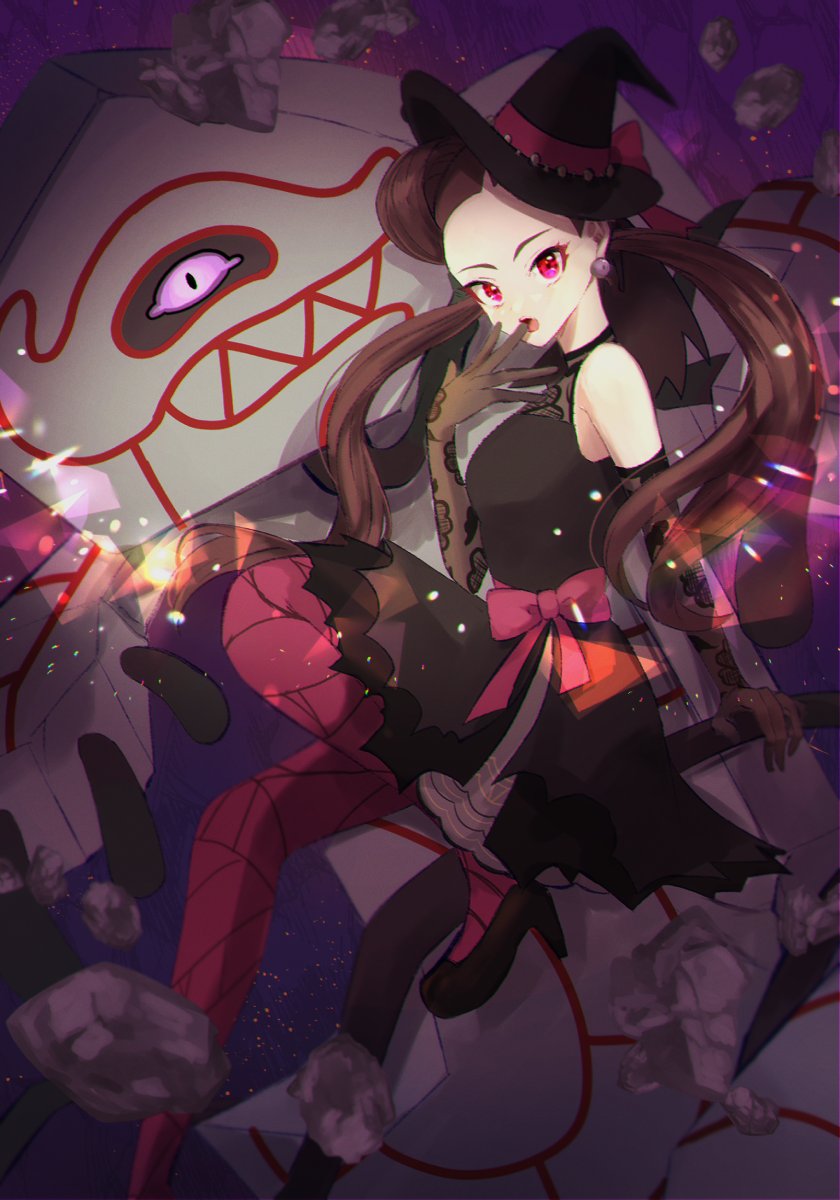 1girl, :o, bare_shoulders, black_footwear, black_headwear, blurry, bow, brown_hair, commentary_request, dress, earrings, elbow_gloves, eyelashes, gloves, halloween_costume, hand_up, hat, highres, jewelry, long_hair, looking_at_viewer, open_mouth, pantyhose, pink_bow, pink_eyes, pink_pantyhose, pokemon, pokemon_(creature), pokemon_(game), pokemon_masters_ex, rock, roxanne_(fall_2023)_(pokemon), roxanne_(pokemon), runerigus, shoes, ssn_(sasa8u9r), twintails, witch_hat