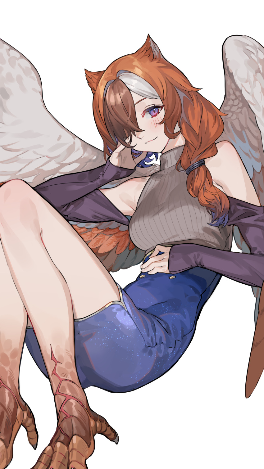 1girl, absurdres, animal_ears, animal_feet, bare_shoulders, bird_legs, bird_wings, breasts