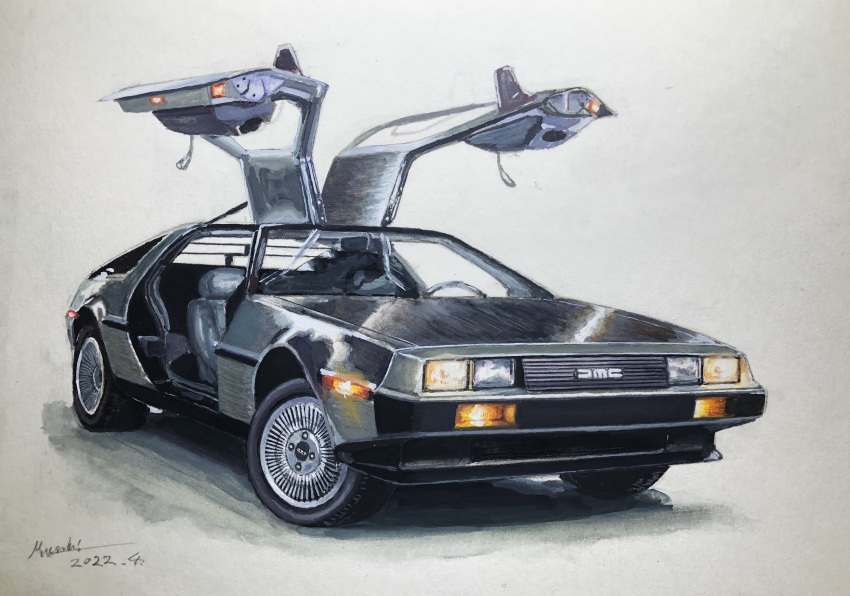 absurdres, artist_name, atelier_634, car, dated, delorean, grey_car, gullwing_doors