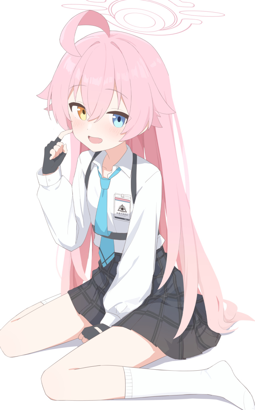 1girl, ahoge, between_legs, black_gloves, black_skirt, blue_archive, blue_eyes, blue_necktie, blush, chest_harness, collared_shirt, commentary, finger_to_cheek, finger_to_face, fingerless_gloves, gloves, hair_between_eyes, hair_flaps, halo, hand_between_legs, harness, heterochromia, highres, hoshino_(blue_archive), huge_ahoge, id_card, long_hair, long_sleeves, looking_at_viewer, millet_pepper, miniskirt, necktie, open_mouth, pink_halo, plaid, plaid_skirt, pleated_skirt, puffy_long_sleeves, puffy_sleeves, school_uniform, shirt, shirt_tucked_in, simple_background, sitting, skirt, smile, socks, soles, solo, very_long_hair, wariza, white_background, white_shirt, white_socks, yellow_eyes