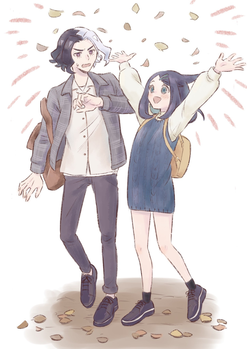 1boy, 1girl, :d, alternate_costume, amethio_(pokemon), arms_up, backpack, bag