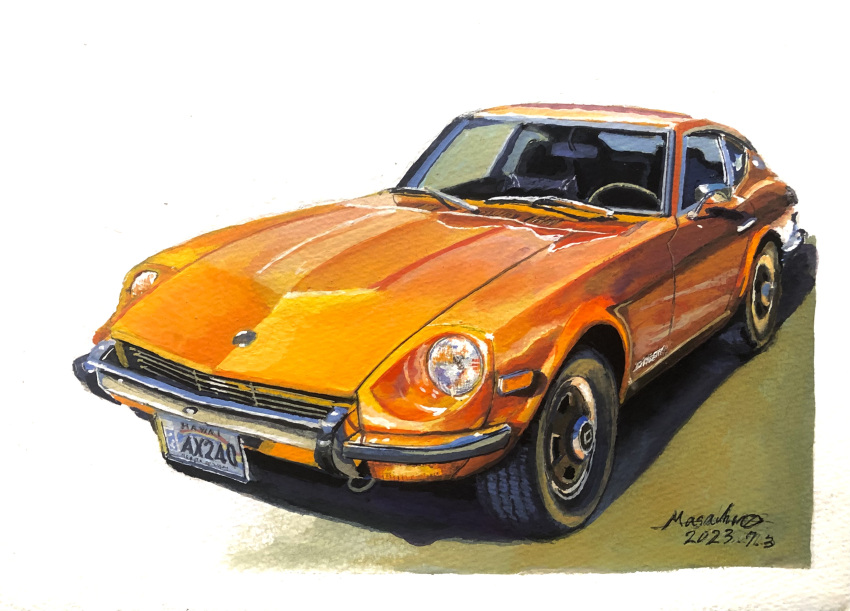 absurdres, acrylic_paint_(medium), artist_name, atelier_634, car, dated, datsun, datsun_240z