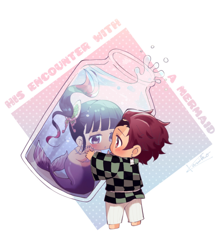 1boy, 1girl, black_hair, brown_hair, butterfly_hair_ornament, checkered_clothes, chibi, earrings