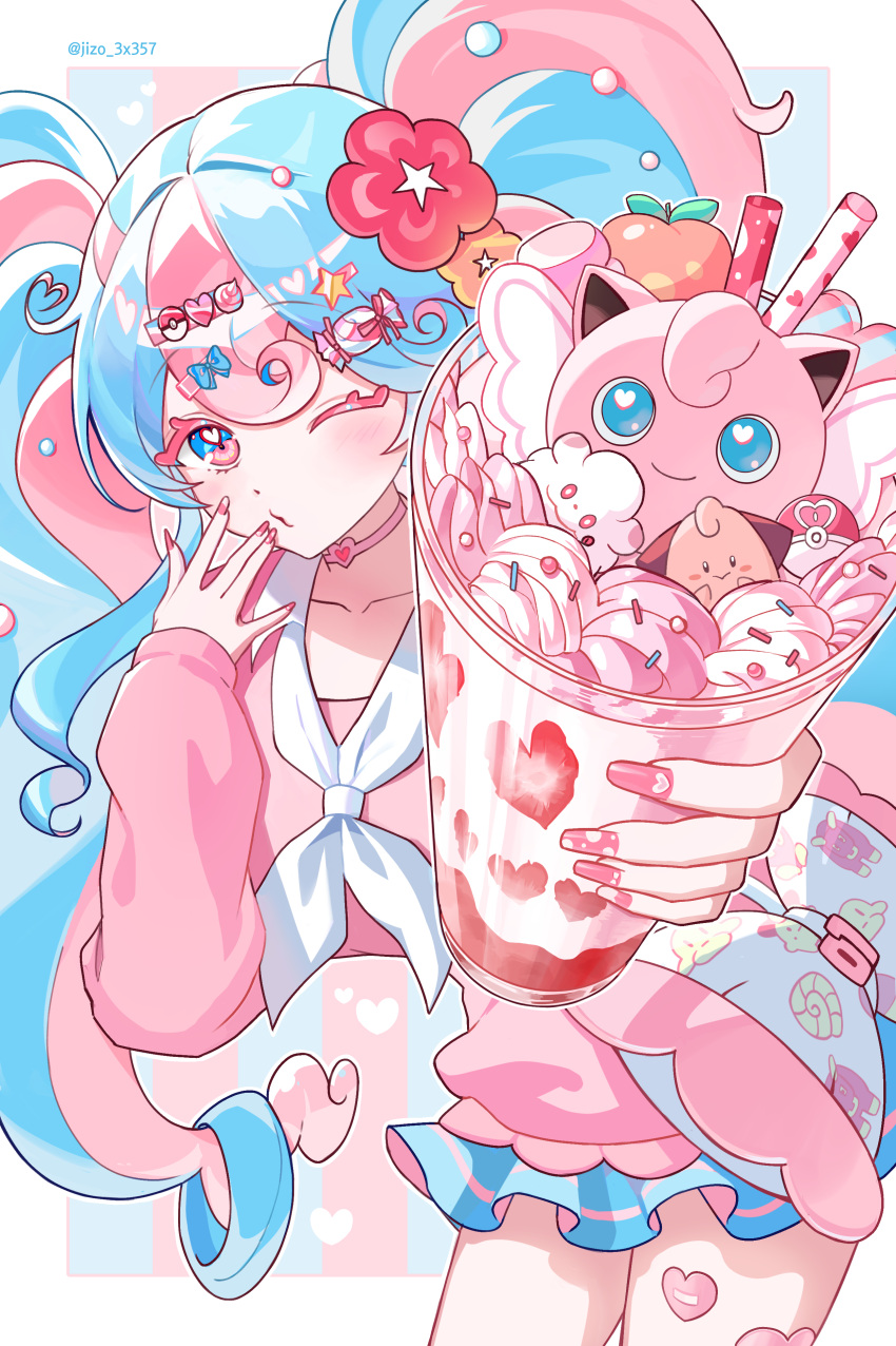 1girl, absurdres, berry_(pokemon), blue_bow, blue_eyes, blue_hair, blue_skirt, blush