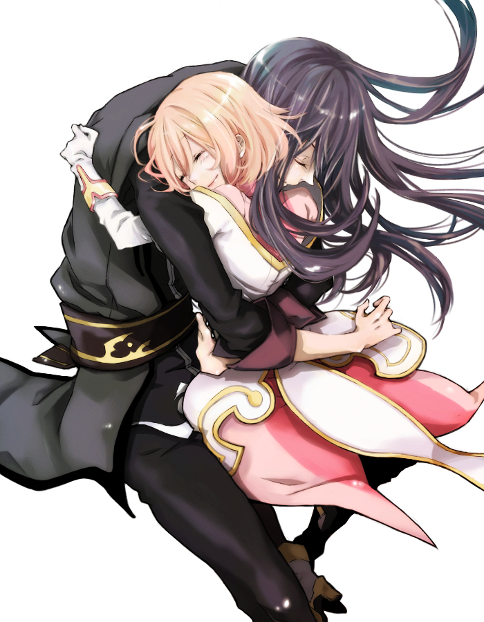1girl, belt, black_hair, closed_eyes, couple, estellise_sidos_heurassein, gloves, hug, kmikan, long_hair, short_hair, smile, tales_of_(series), tales_of_vesperia, thigh-highs, thighhighs, white_background, yuri_lowell