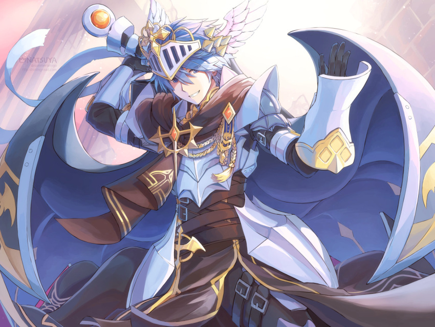 1boy, armor, artist_name, belt, black_gloves, blue_eyes, blue_hair, breastplate